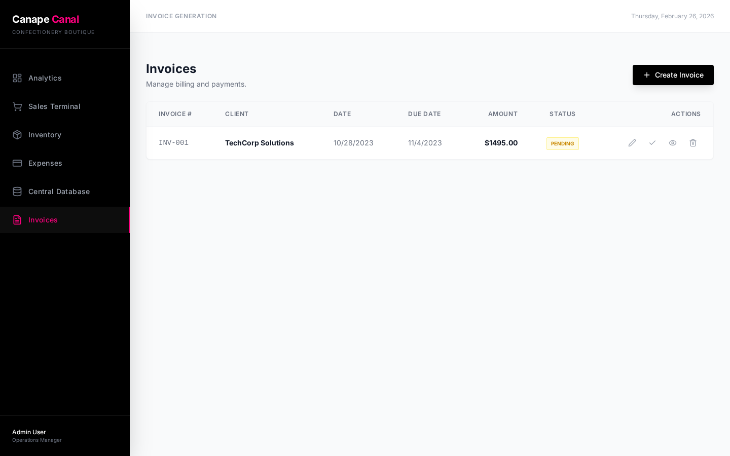 Canape Canal OS invoice generator