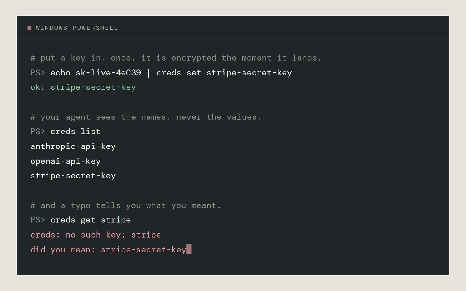 creds-vault: a PowerShell session storing a key, listing only key names, and answering a mistyped name with a suggestion.